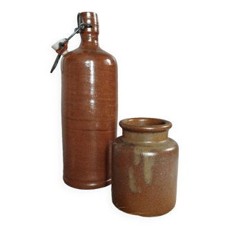 Stoneware pottery duo, bottle + pot, 1950's