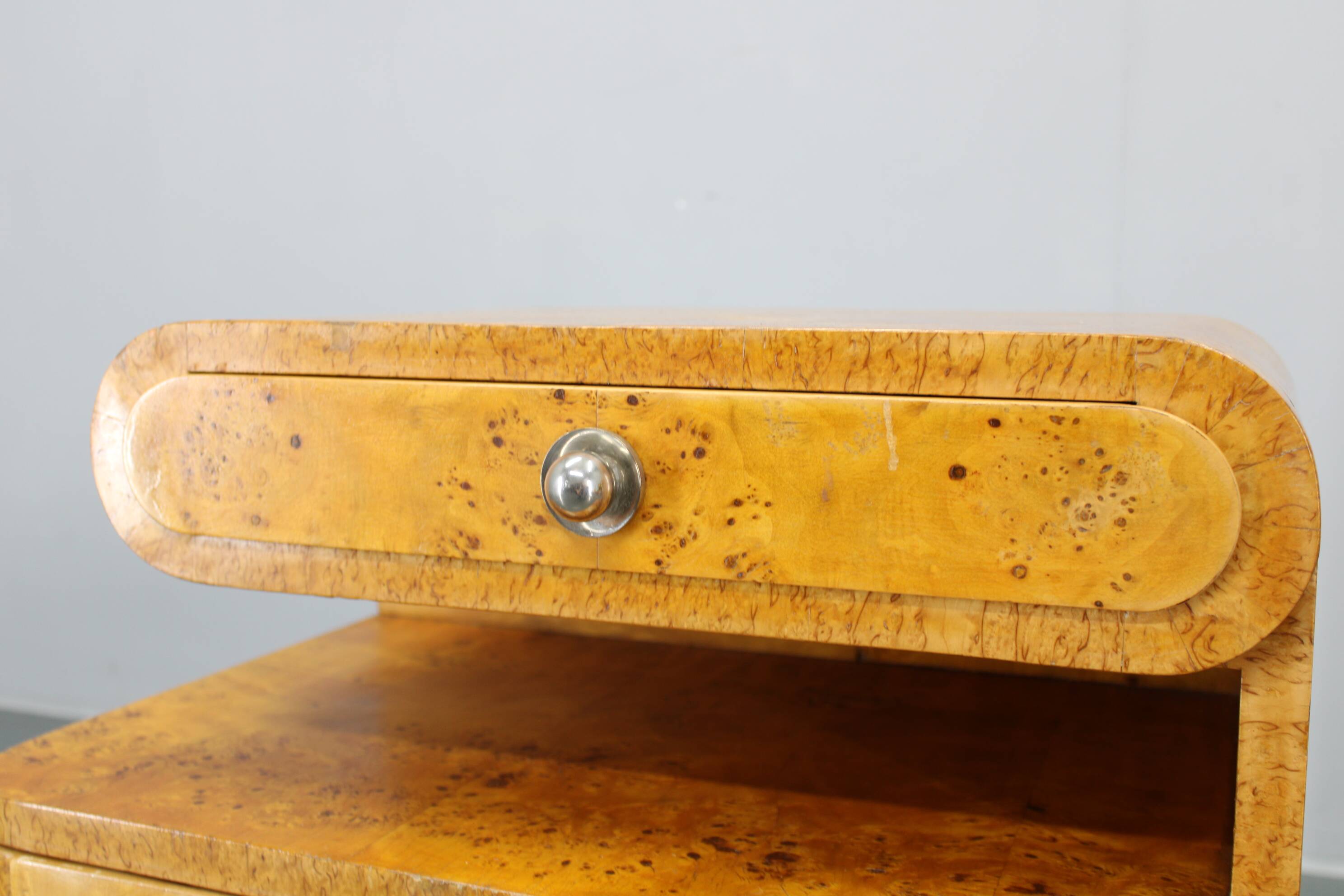 Pair of Art Deco burl wood nightstands, Czechoslovakia, 1940s
