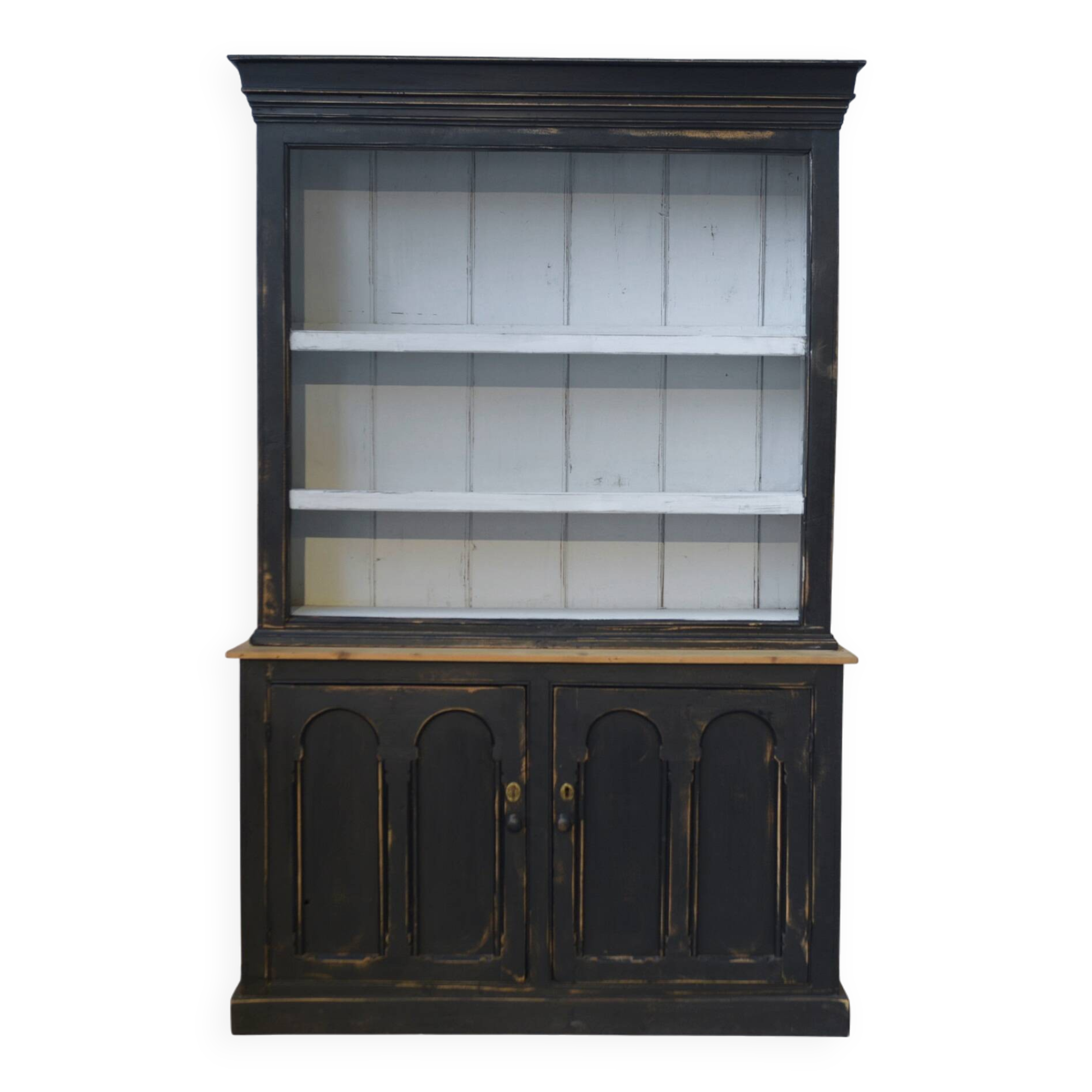 Two-body sideboard with black patina and white interior, 1950s