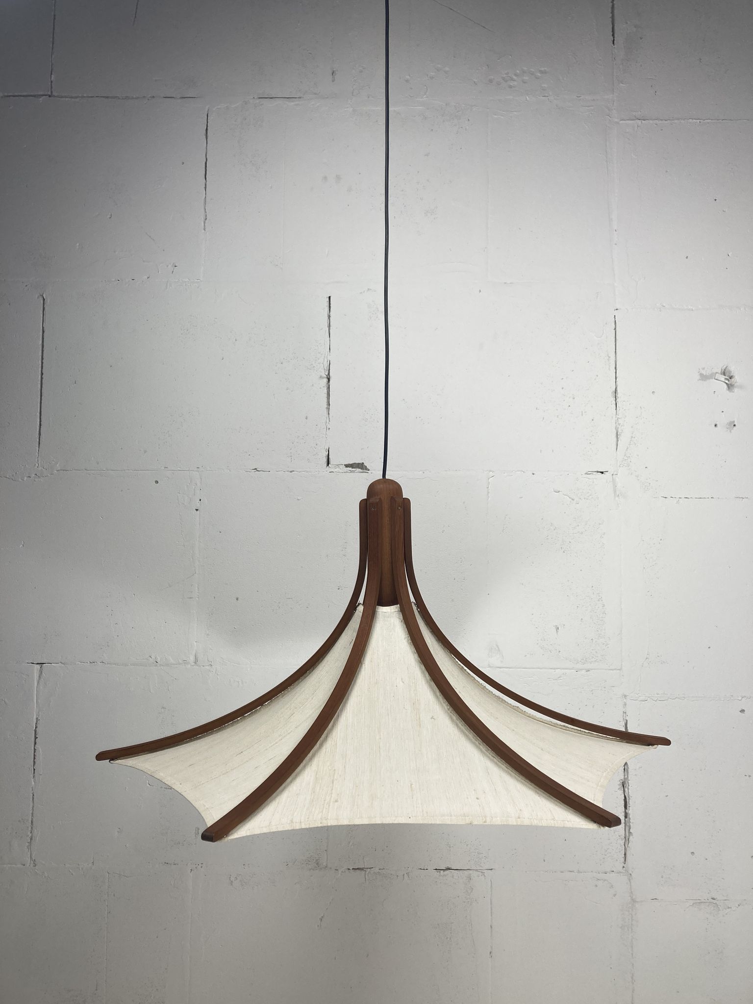 Teak and linen umbrella counter balance pendant by Domus, 1970s