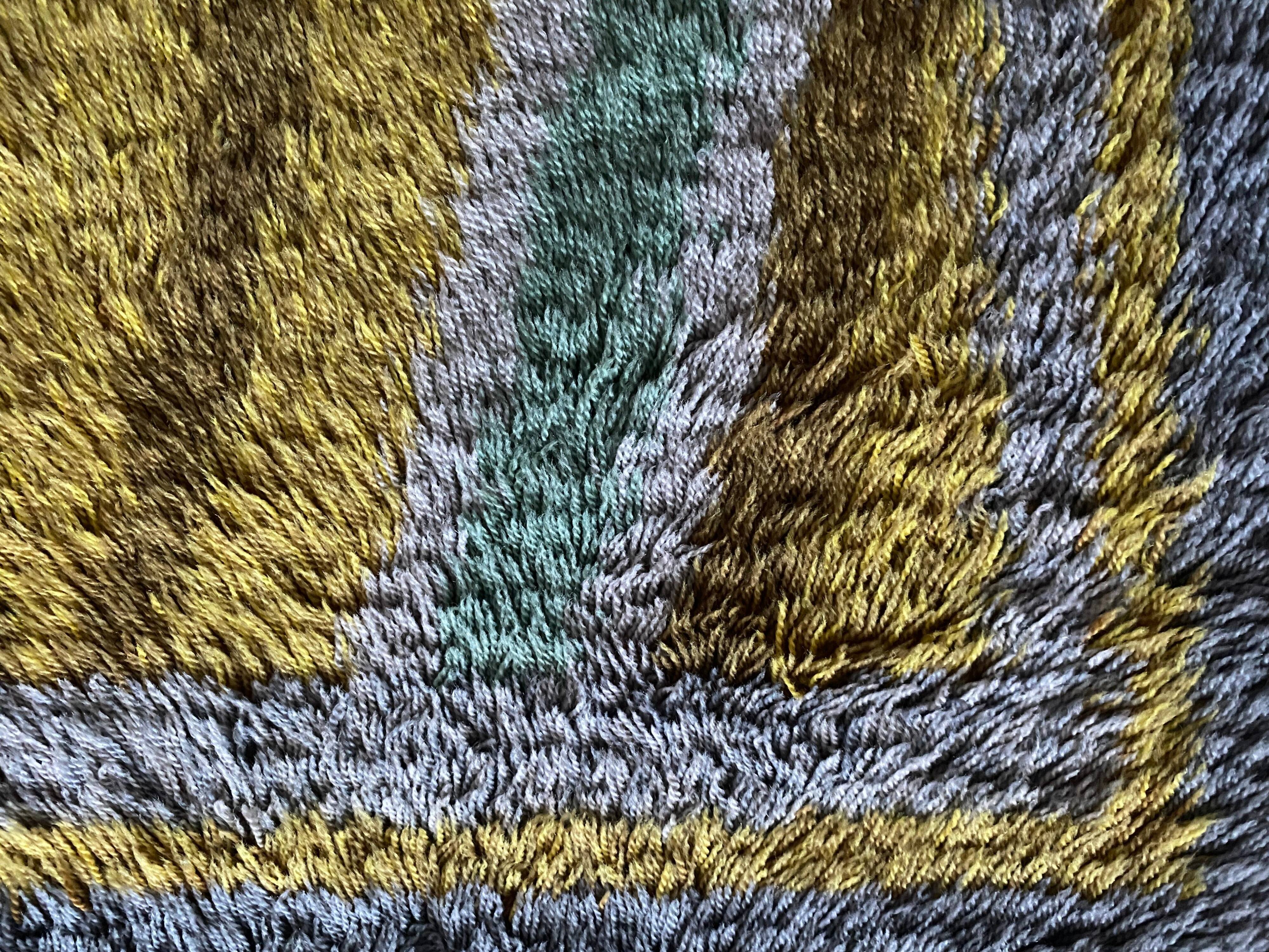 Mid-century Modern High Pile, Yellow, Aquamarine & Grey Rya Rug, Sweden, 1960s