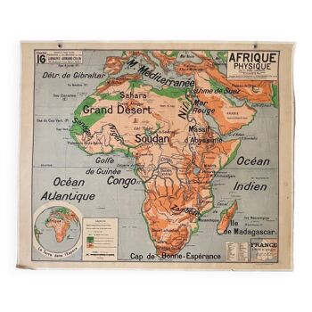 Old school map, physical africa n. 16 librairie armand collin, france, 50s-60s