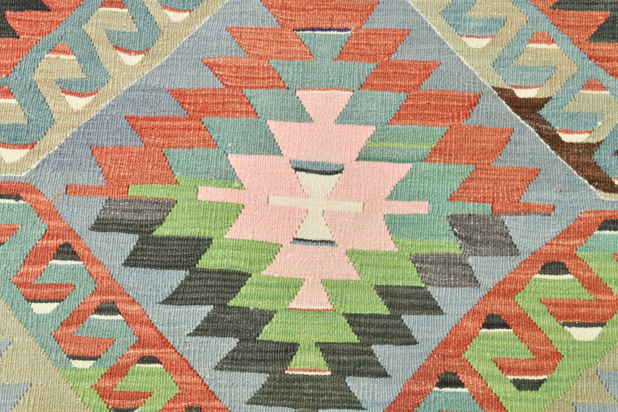 6x10 Light Blue & Green Goemetric Kilim Rug, Handmade Wool Bedroom Carpet