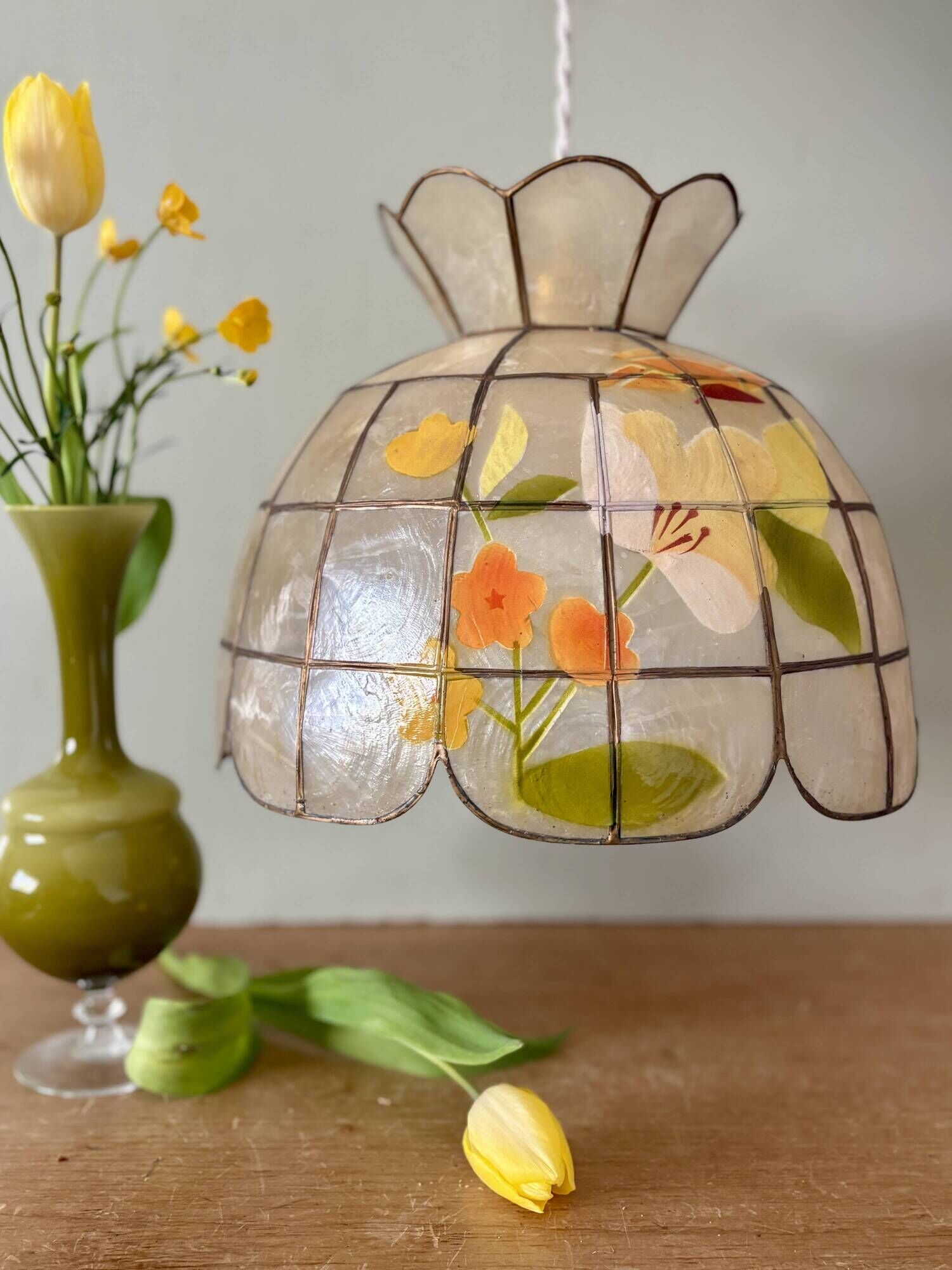 Vintage mother-of-pearl and brass lampshade pendant light with flower decorations