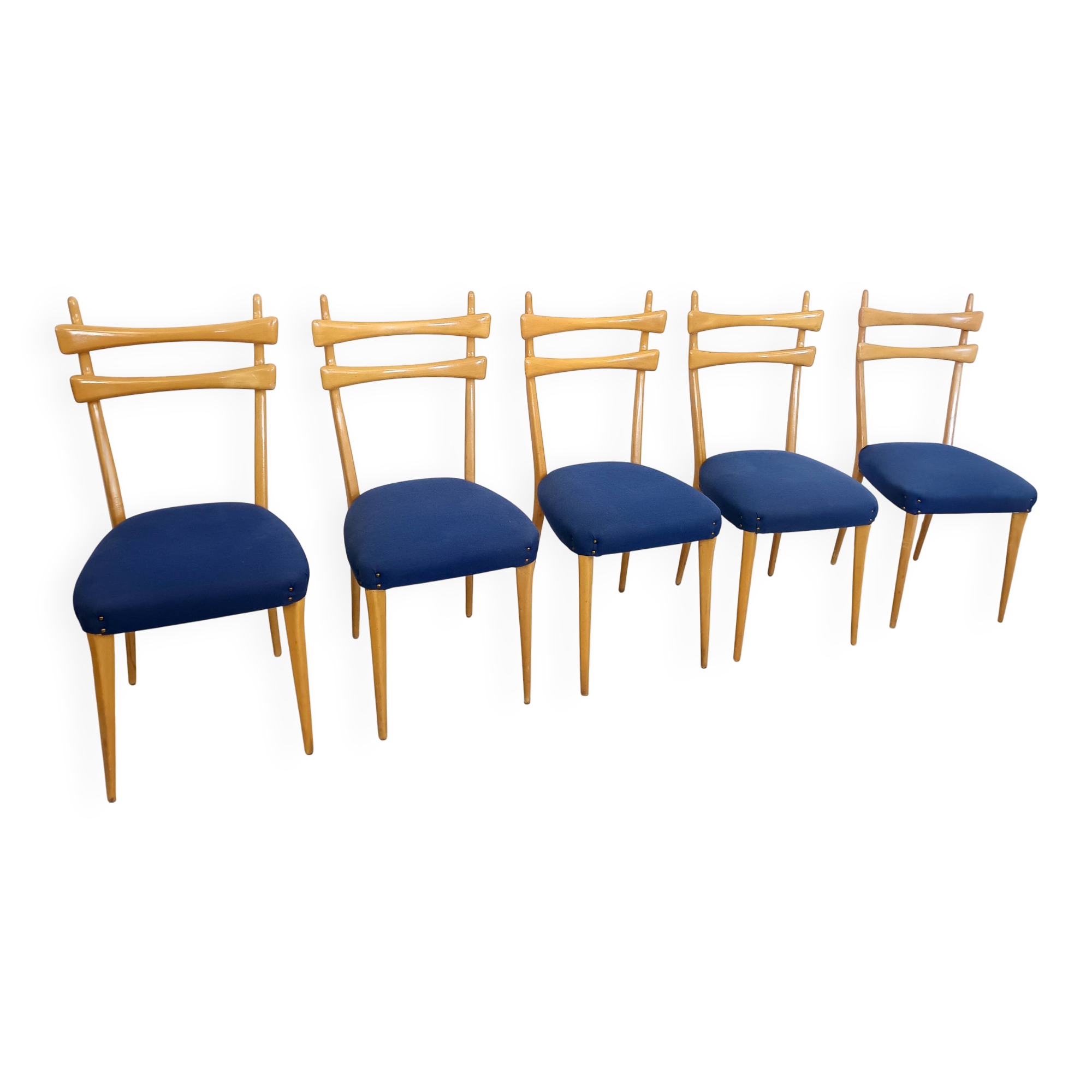 Vintage Maple Dining Chairs with Ultramarine Blue Fabric, 1950s, Set of 5