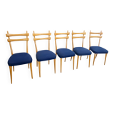 Vintage Maple Dining Chairs with Ultramarine Blue Fabric, 1950s, Set of 5