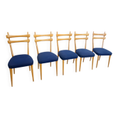 Chaises de salle à manger vintage en érable avec tissu bleu outremer, années 1950, lot de 5
