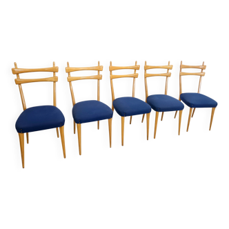 Vintage Maple Dining Chairs with Ultramarine Blue Fabric, 1950s, Set of 5