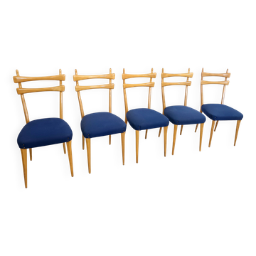 Vintage Maple Dining Chairs with Ultramarine Blue Fabric, 1950s, Set of 5