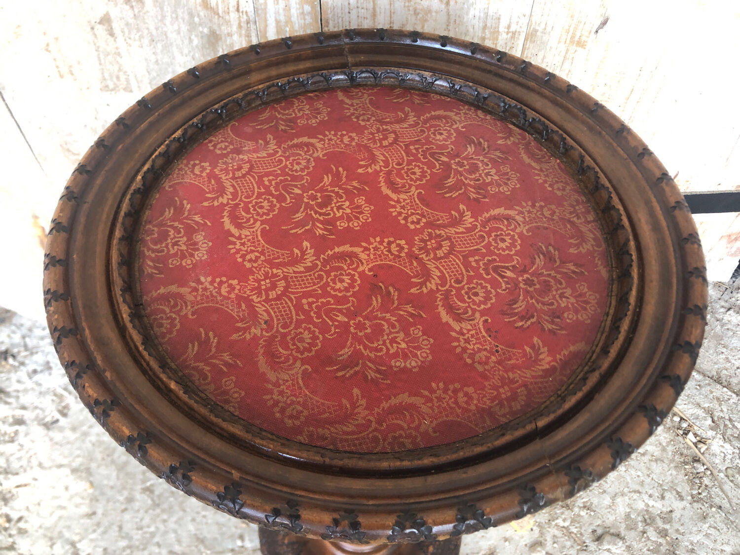 Sellette table appoint bois sculpté & plateau rouge vintage #a020.