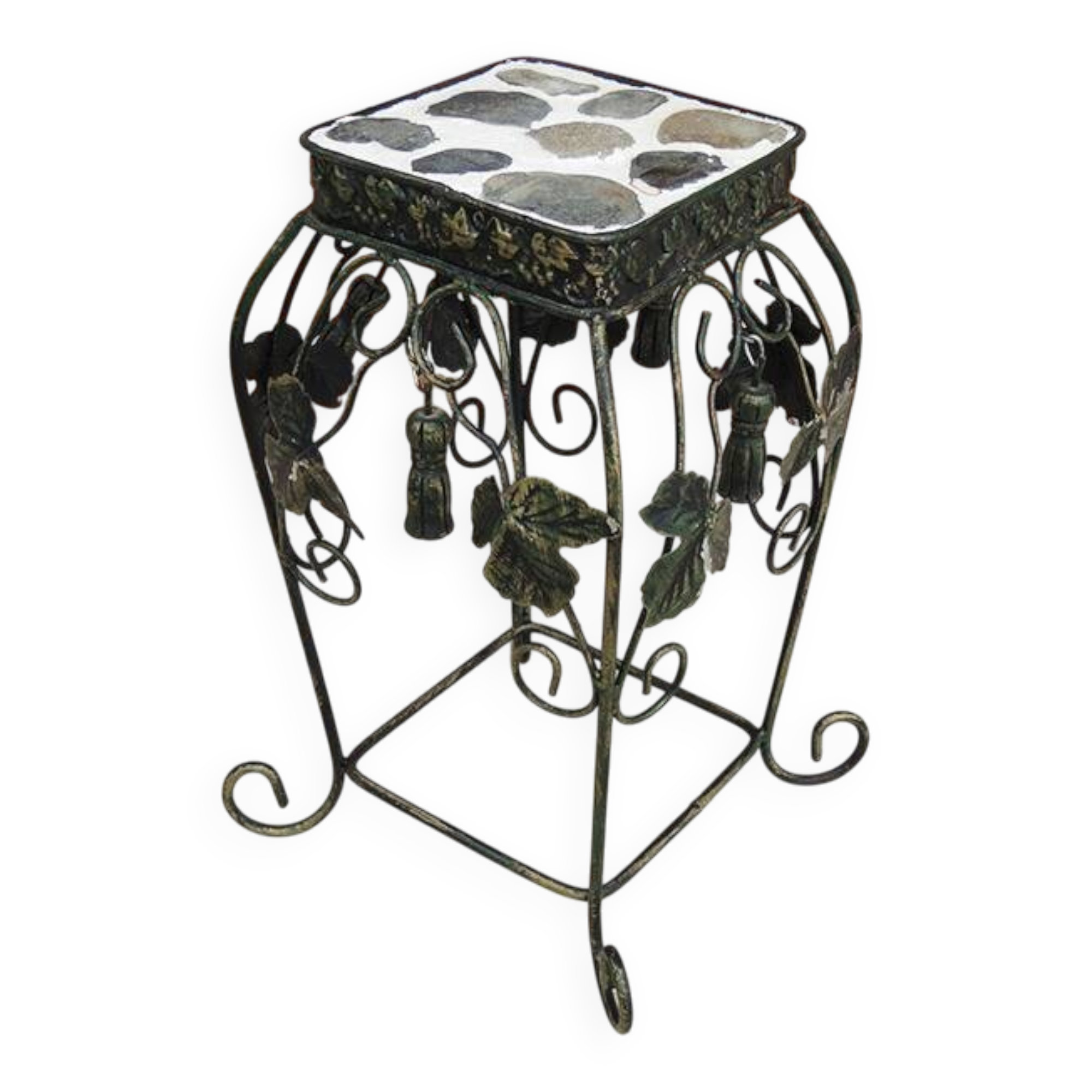 Ancien porte-plante en fer forgé avec galets