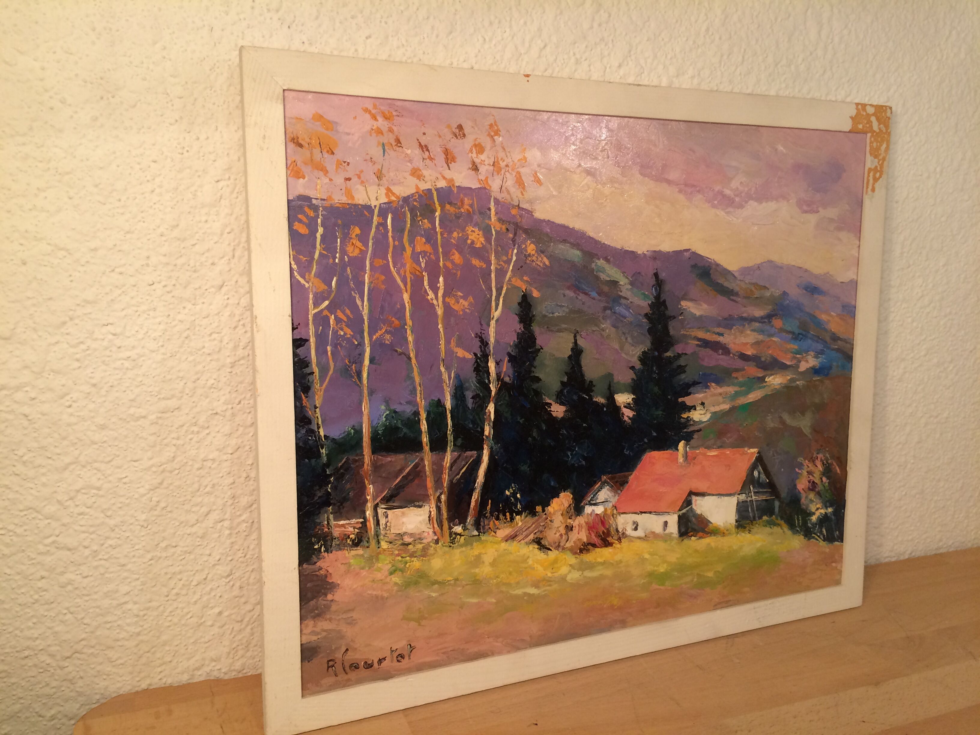 Mountain landscape painting and farm, old painting
