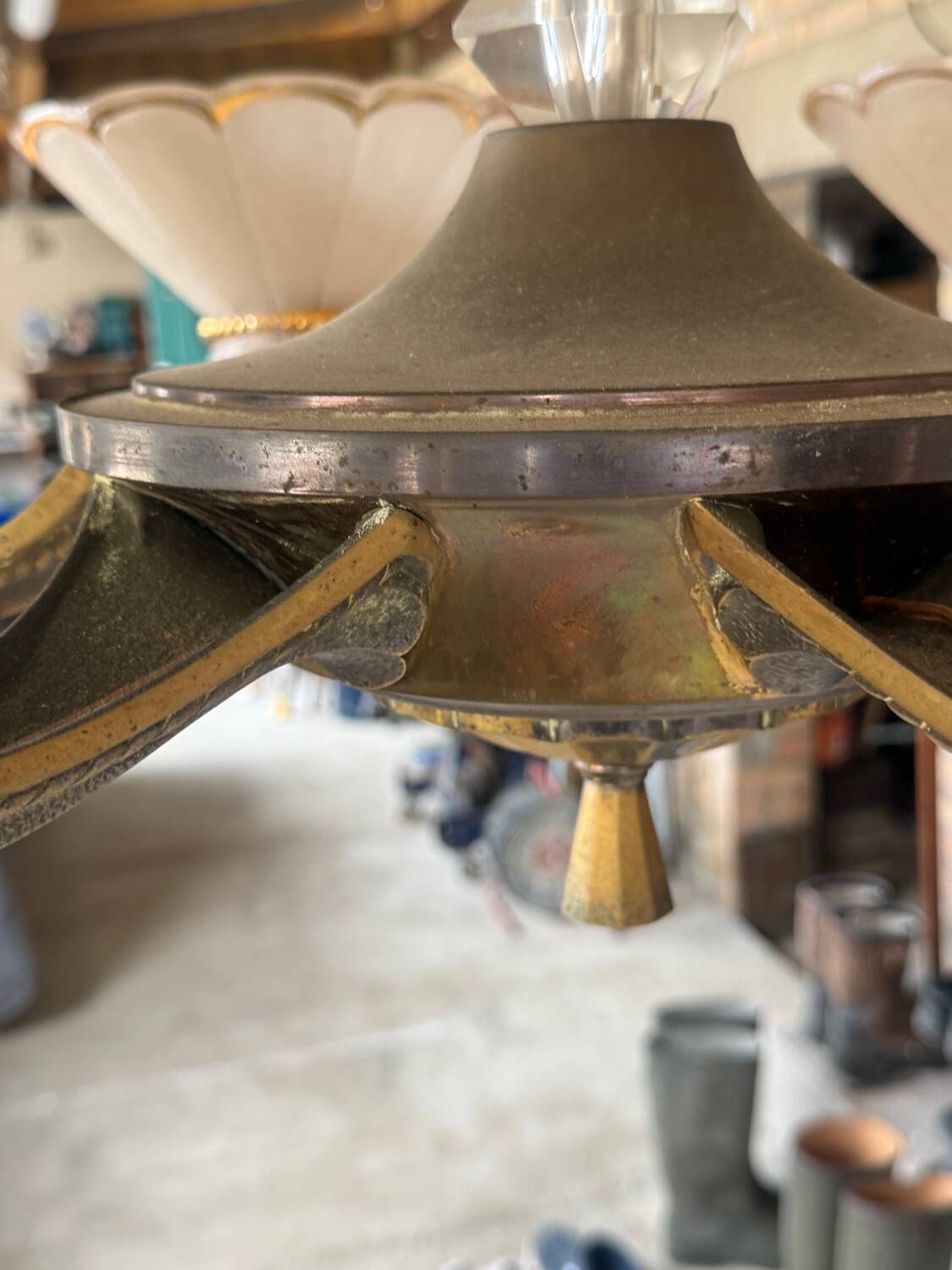 Art Deco Chandelier with Six Lights in Bronze and Frosted Glass, France, 1930s