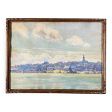 Watercolor on paper representing a port at the beginning of the 20th century, baguette frame