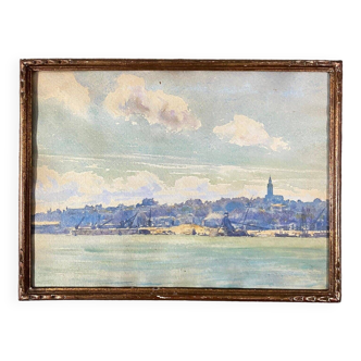 Watercolor on paper representing a port at the beginning of the 20th century, baguette frame
