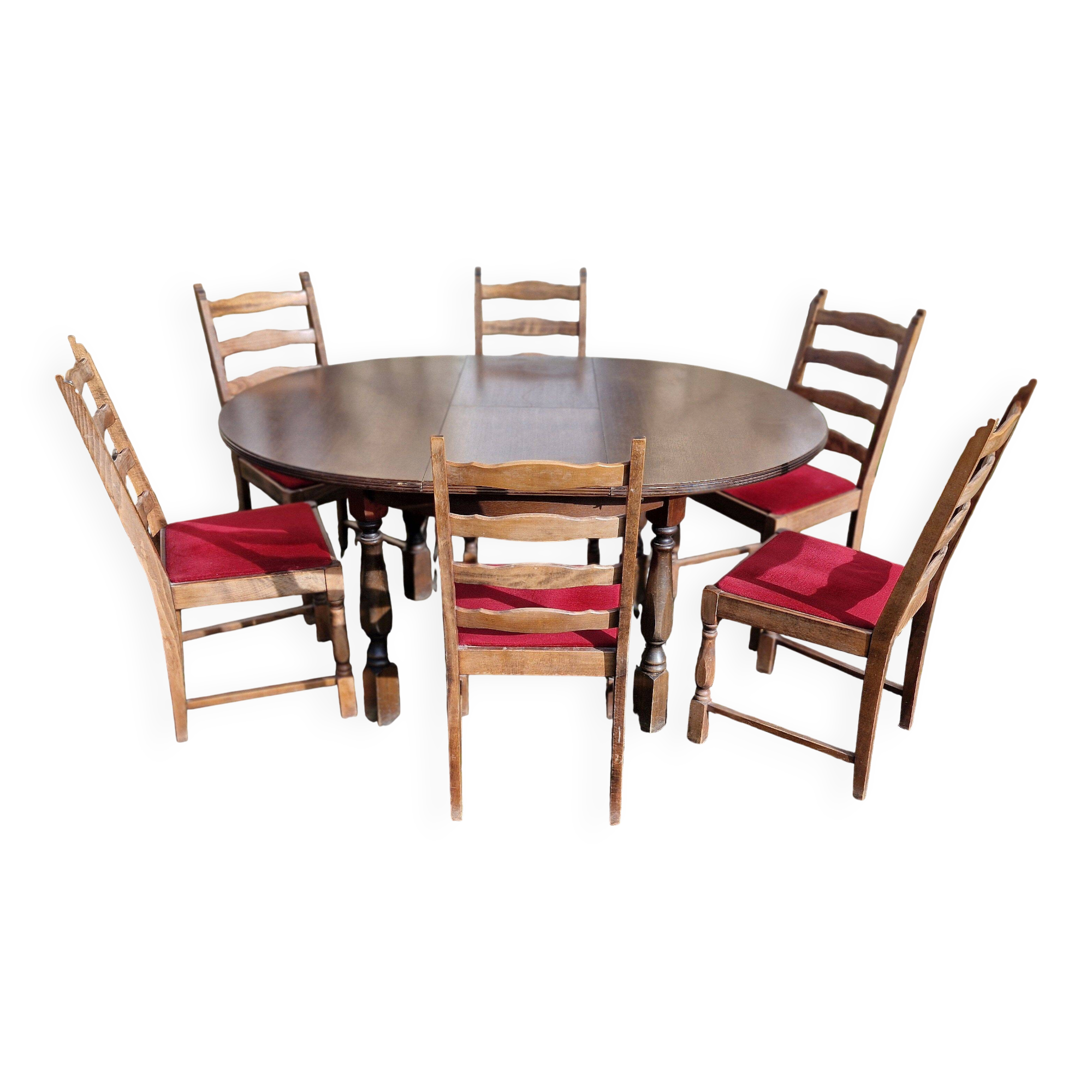 Round wooden table with 1 integrated extension + 6 wooden and fabric chairs