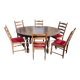 Round wooden table with 1 integrated extension + 6 wooden and fabric chairs