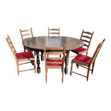 Table ronde bois avec 1 rallonge intégrée + 6 chaises bois et tissus