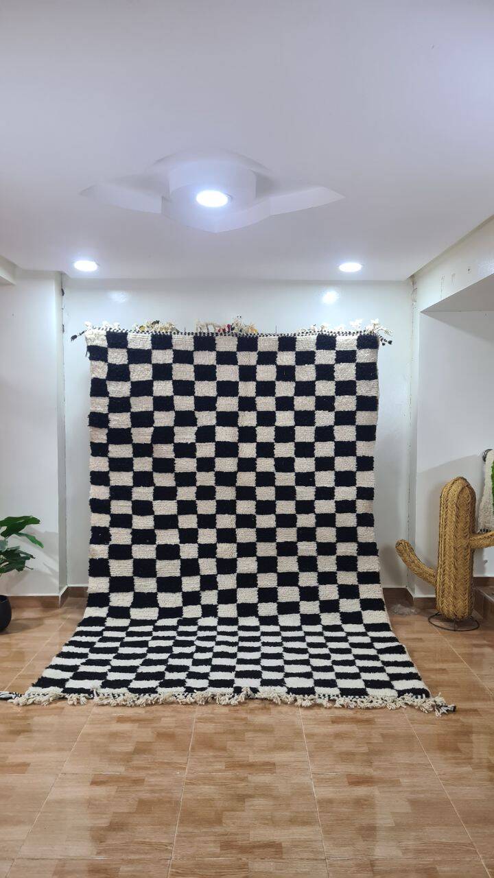 Modern Moroccan Beni Ouarain Rug with Black and White Tile Pattern – Hand Woven Wool Rug