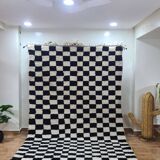 Modern Moroccan Beni Ouarain Rug with Black and White Tile Pattern – Hand Woven Wool Rug