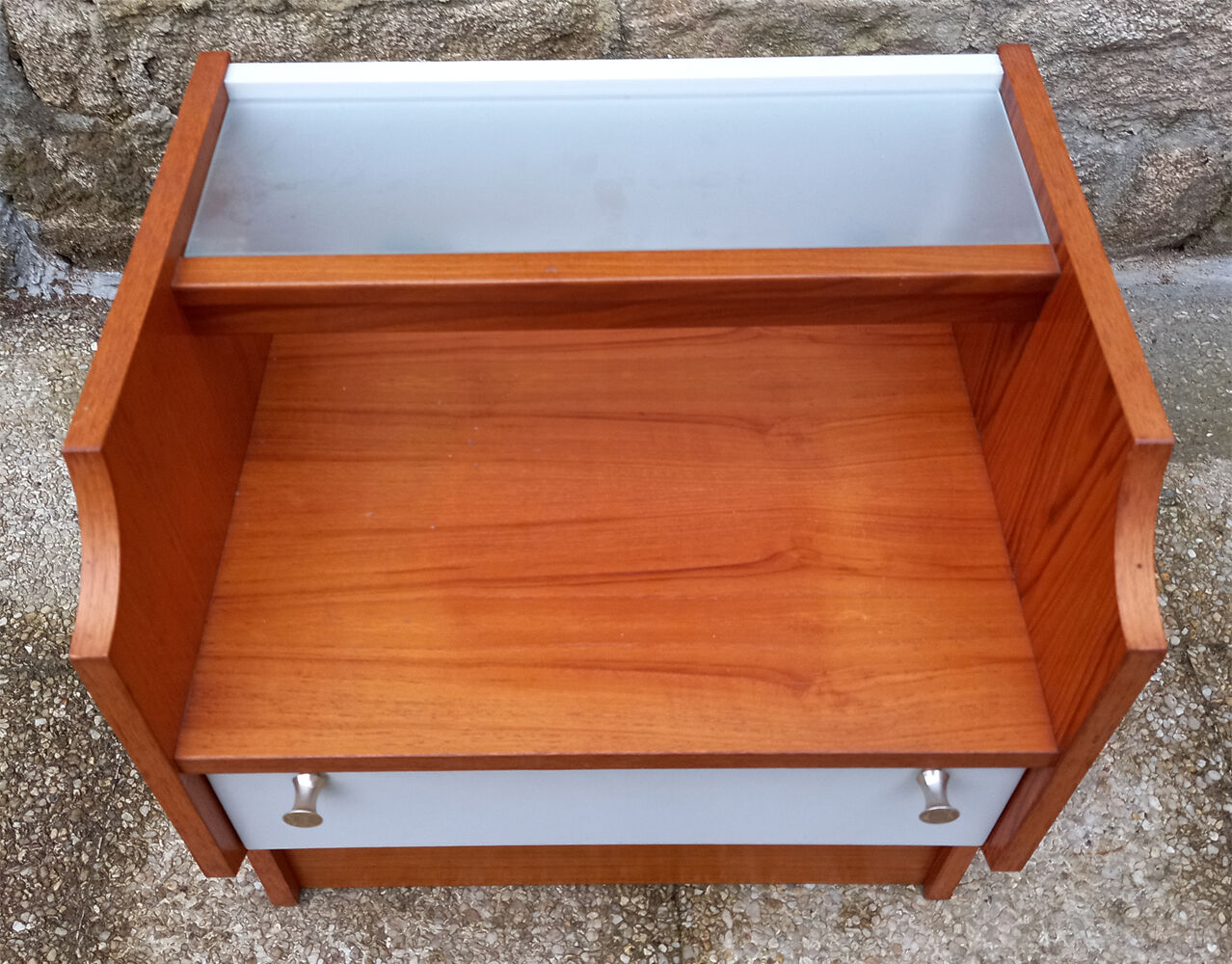 Pair of vintage bedside tables 70s teak and glass