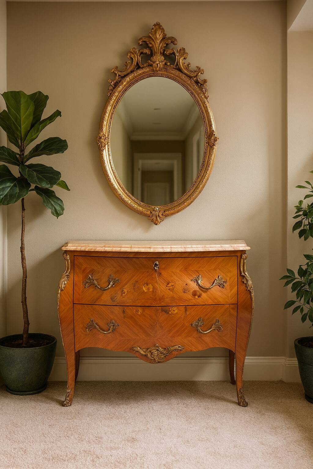 Louis XV style curved chest of drawers in marquetry