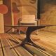 Vintage coffee table from the 60s and 70s by Hugues POIGNANT, smoked glass & teak.