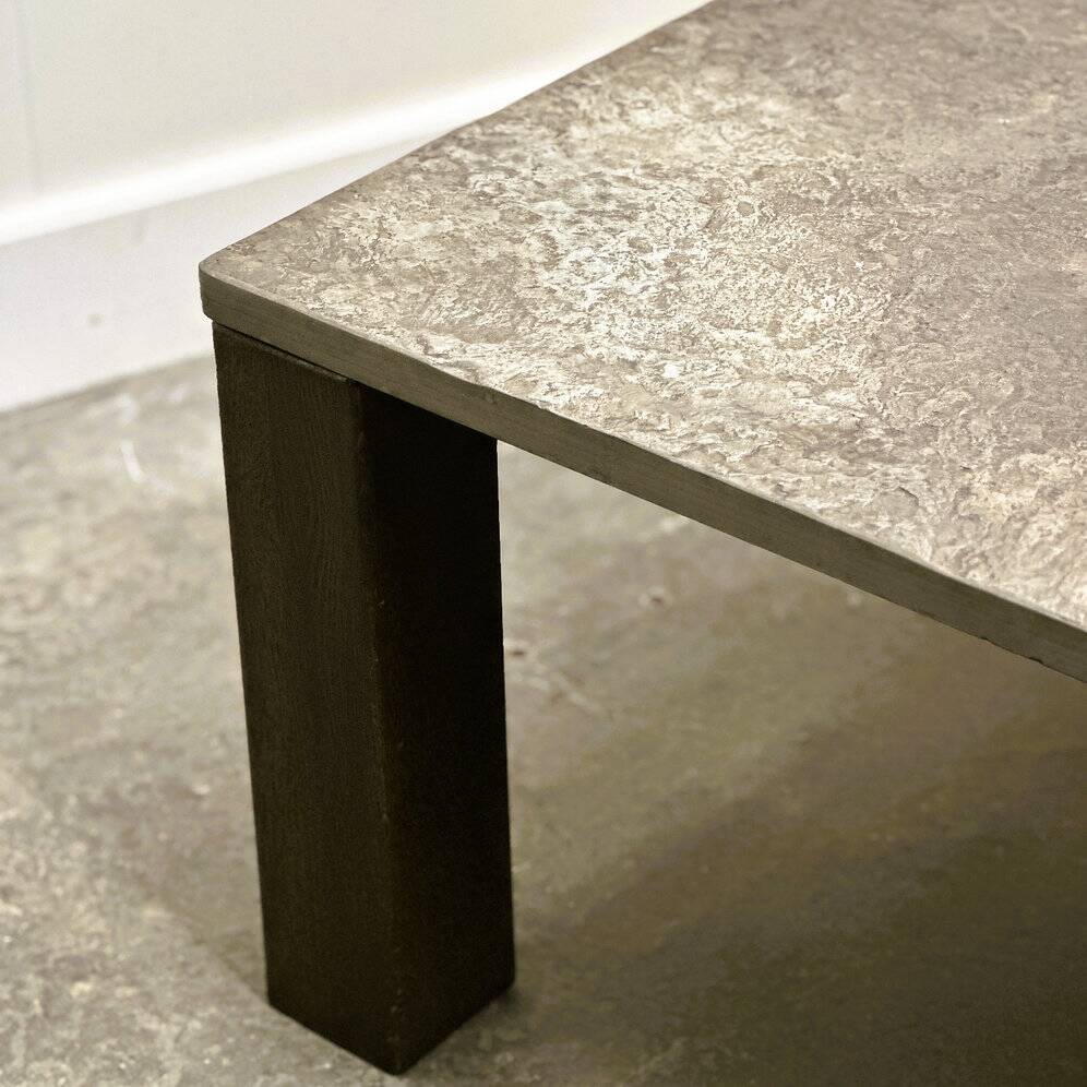 French 1970s slate & solid oak coffee table — textural slate slab, sculptural presence