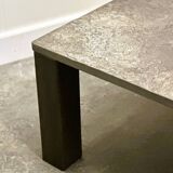 French 1970s slate & solid oak coffee table — textural slate slab, sculptural presence