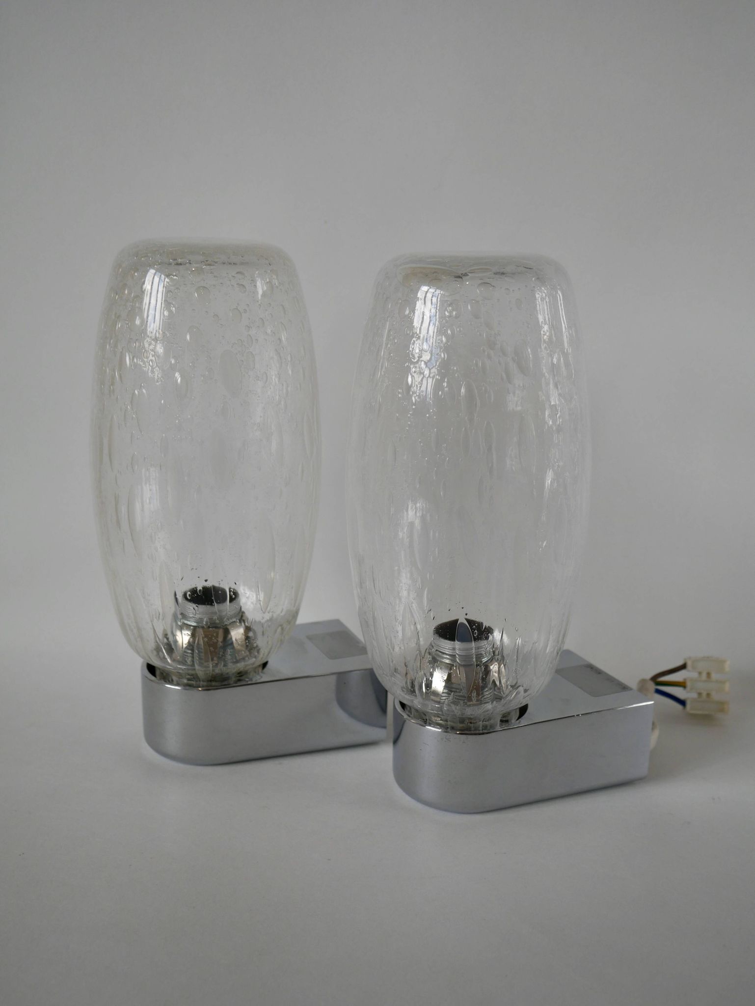 Pair of designer wall lights in blown glass and chrome by inda circa 1960-1970