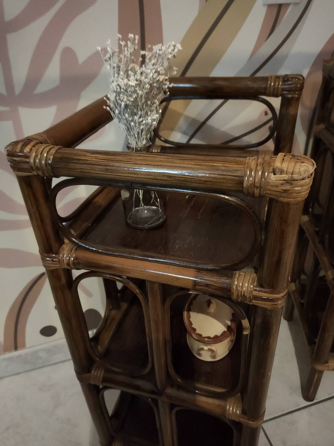 Pair of vintage bamboo and rattan bedside tables/shelves