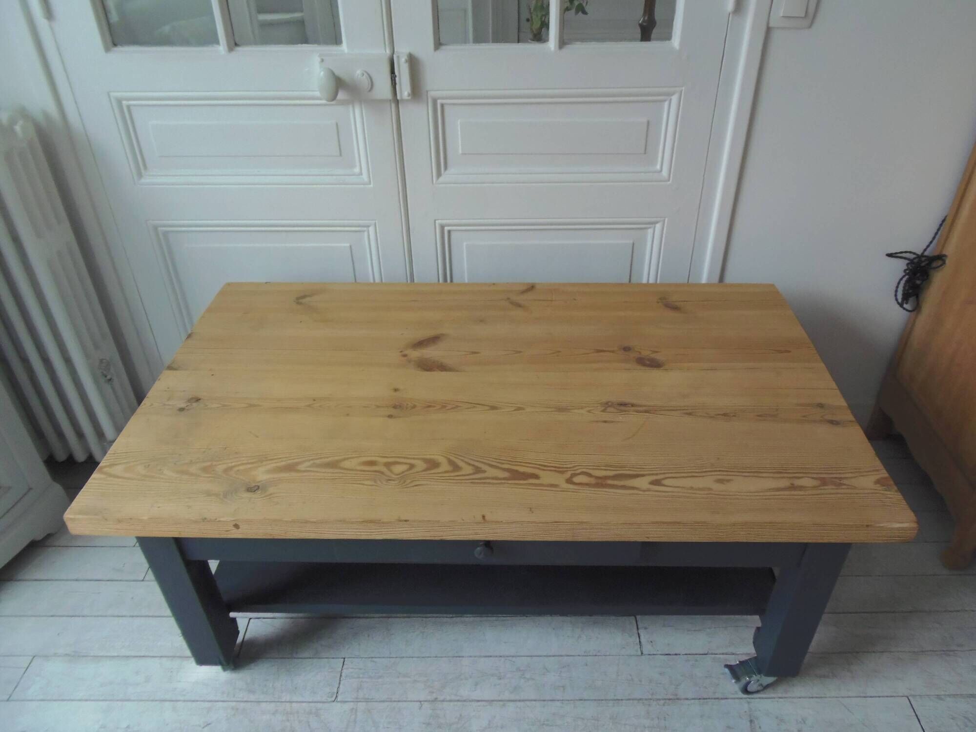 Coffee table on casters made from a vintage table, 1 drawer, 1 slate gray shelf.