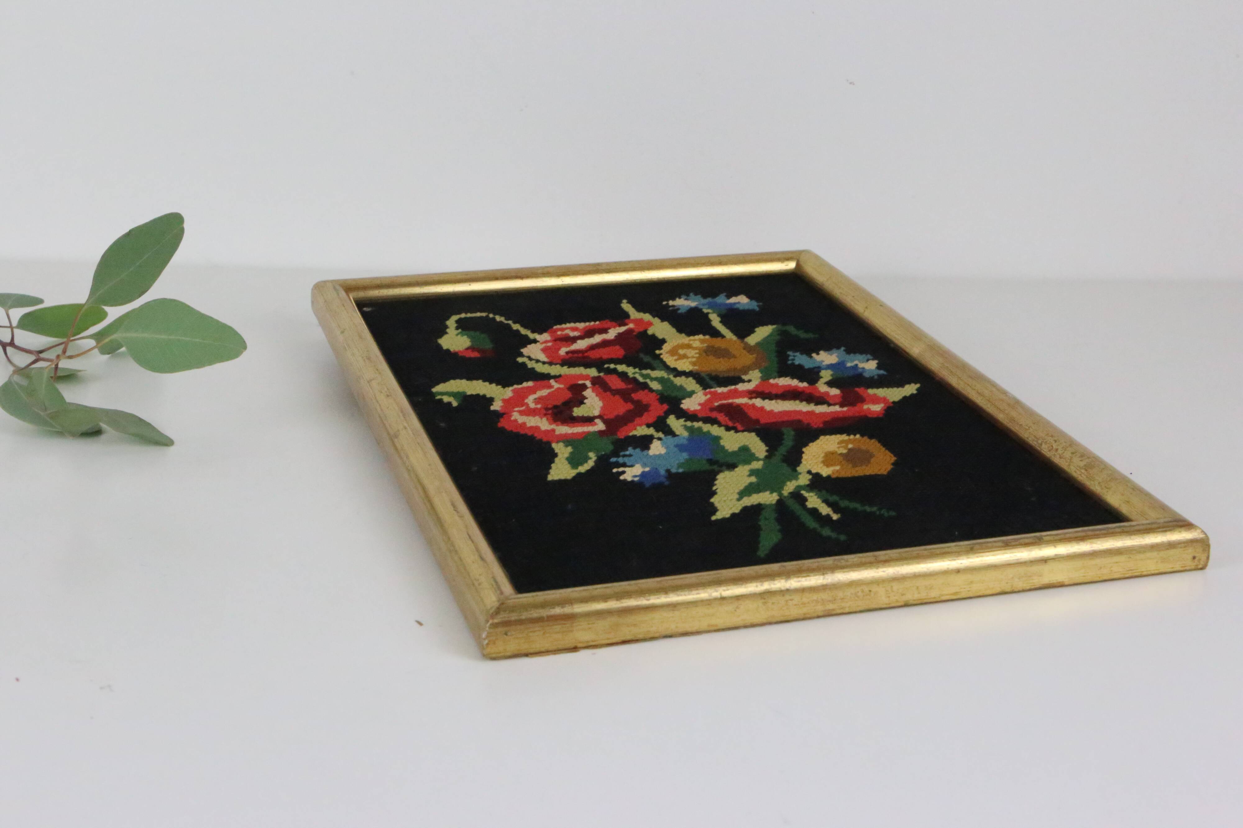 canvas bouquet of flowers in cross stitch, wall painting, vintage