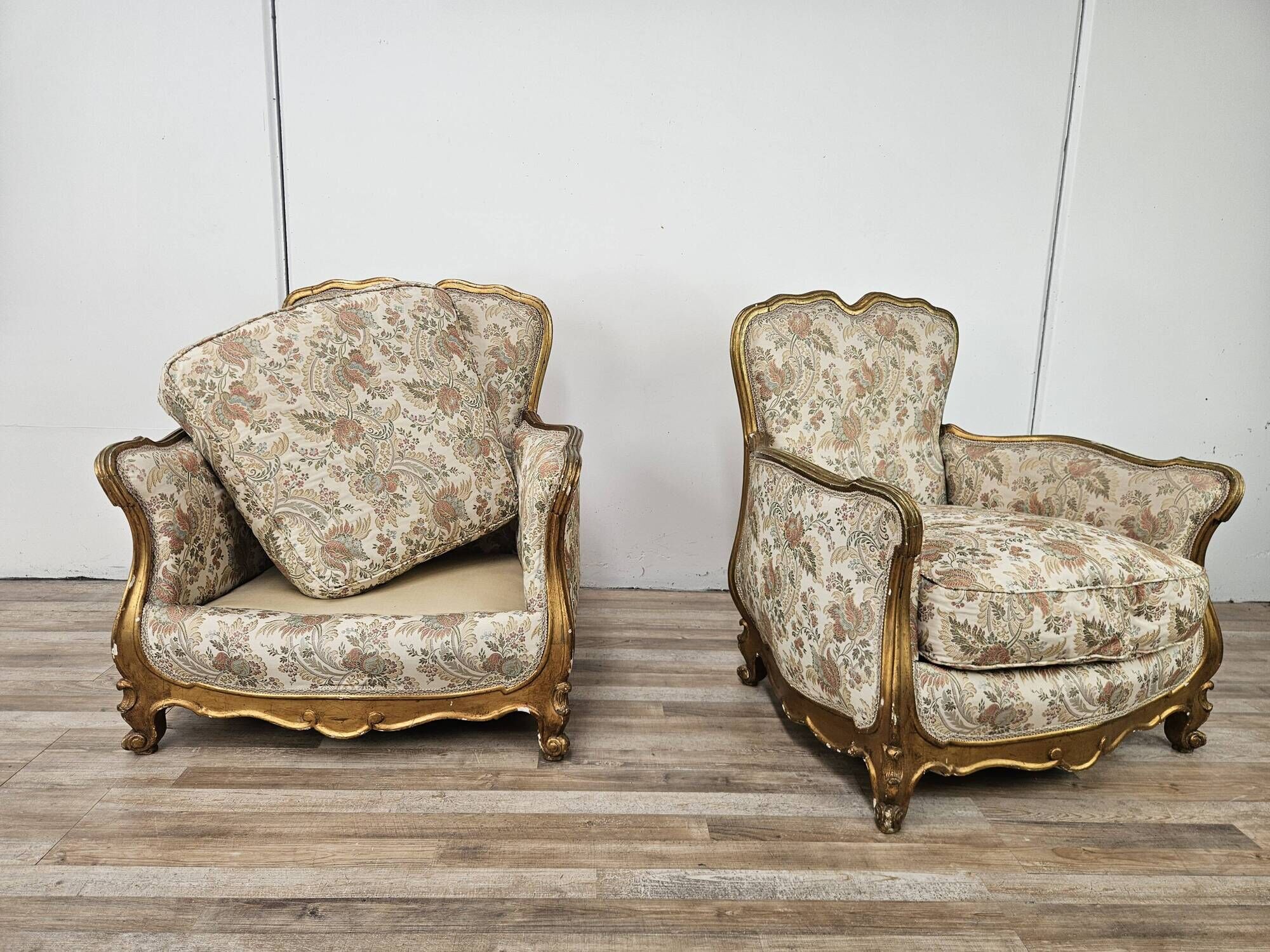 20th Century Italian Baroque Style Bergère Armchairs in Carved and Gilded W