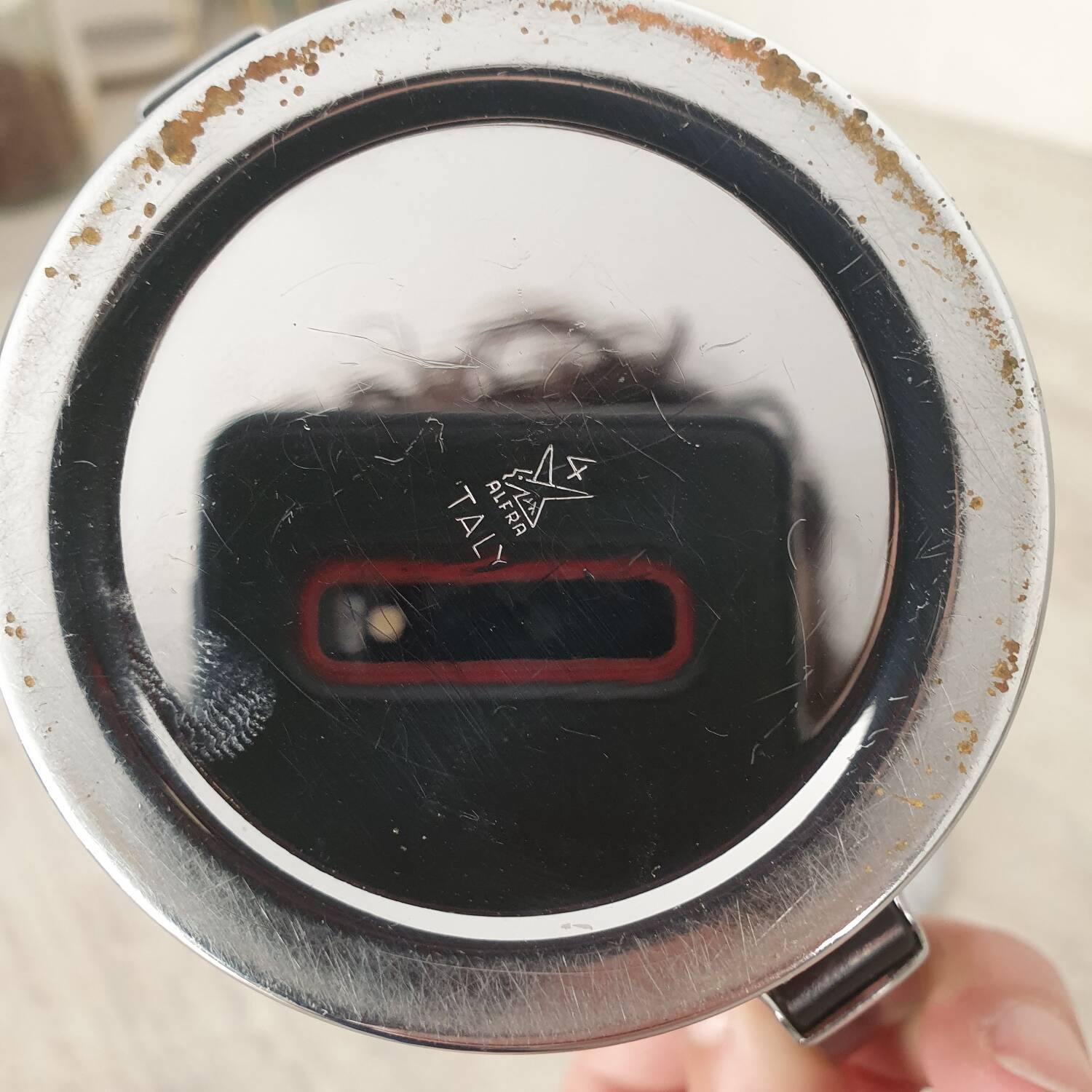 Alessi / Stainless steel and bakelite sugar bowl, "Bombé" collection