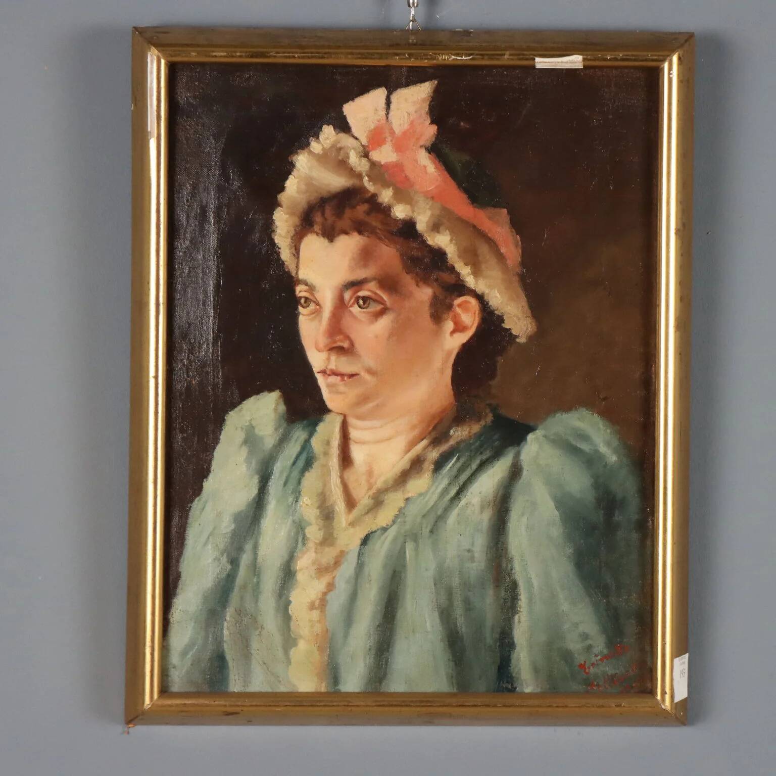 Old painting, female portrait, oil on canvas, Italy, 1892