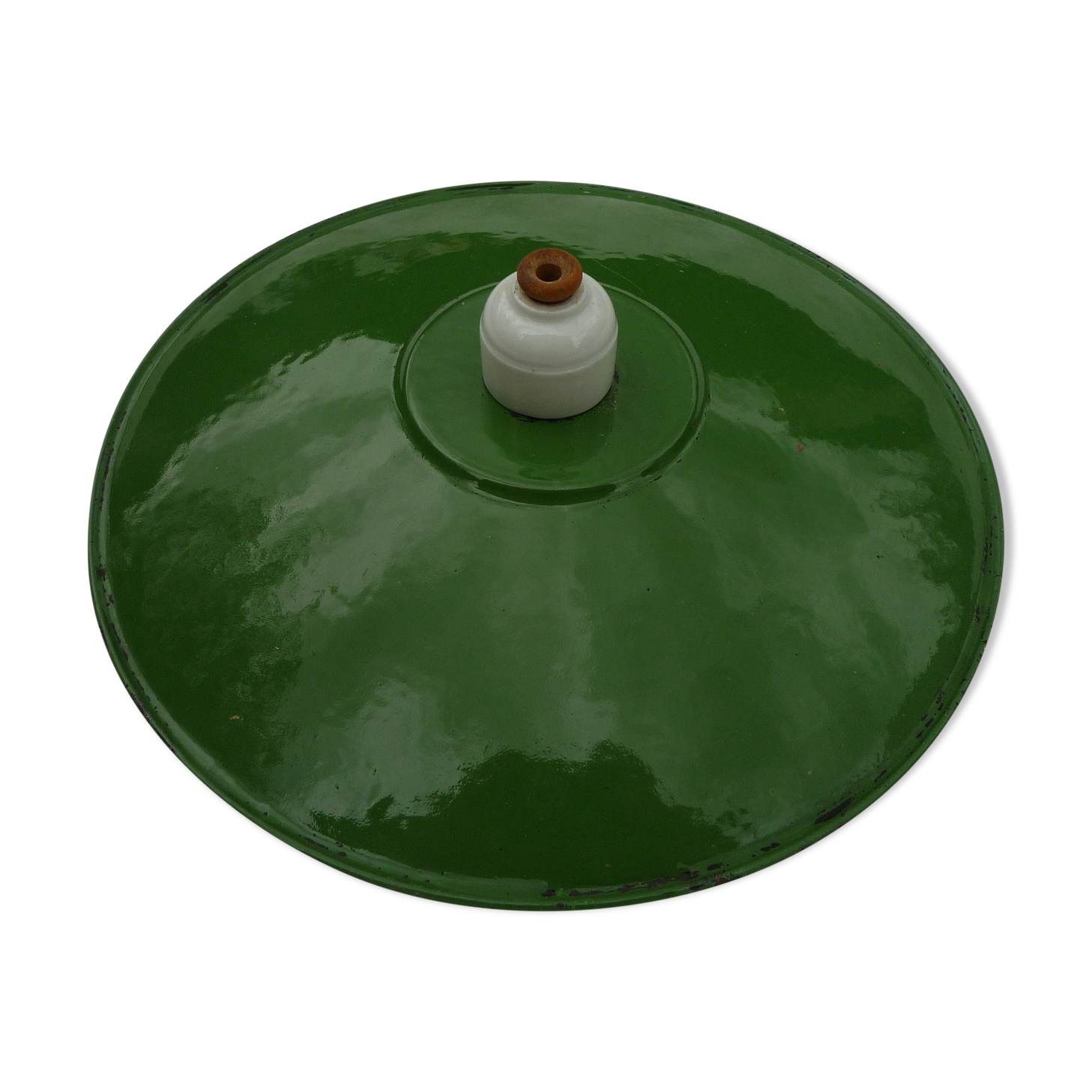 Old industrial suspension in green enamelled sheet metal and porcelain socket