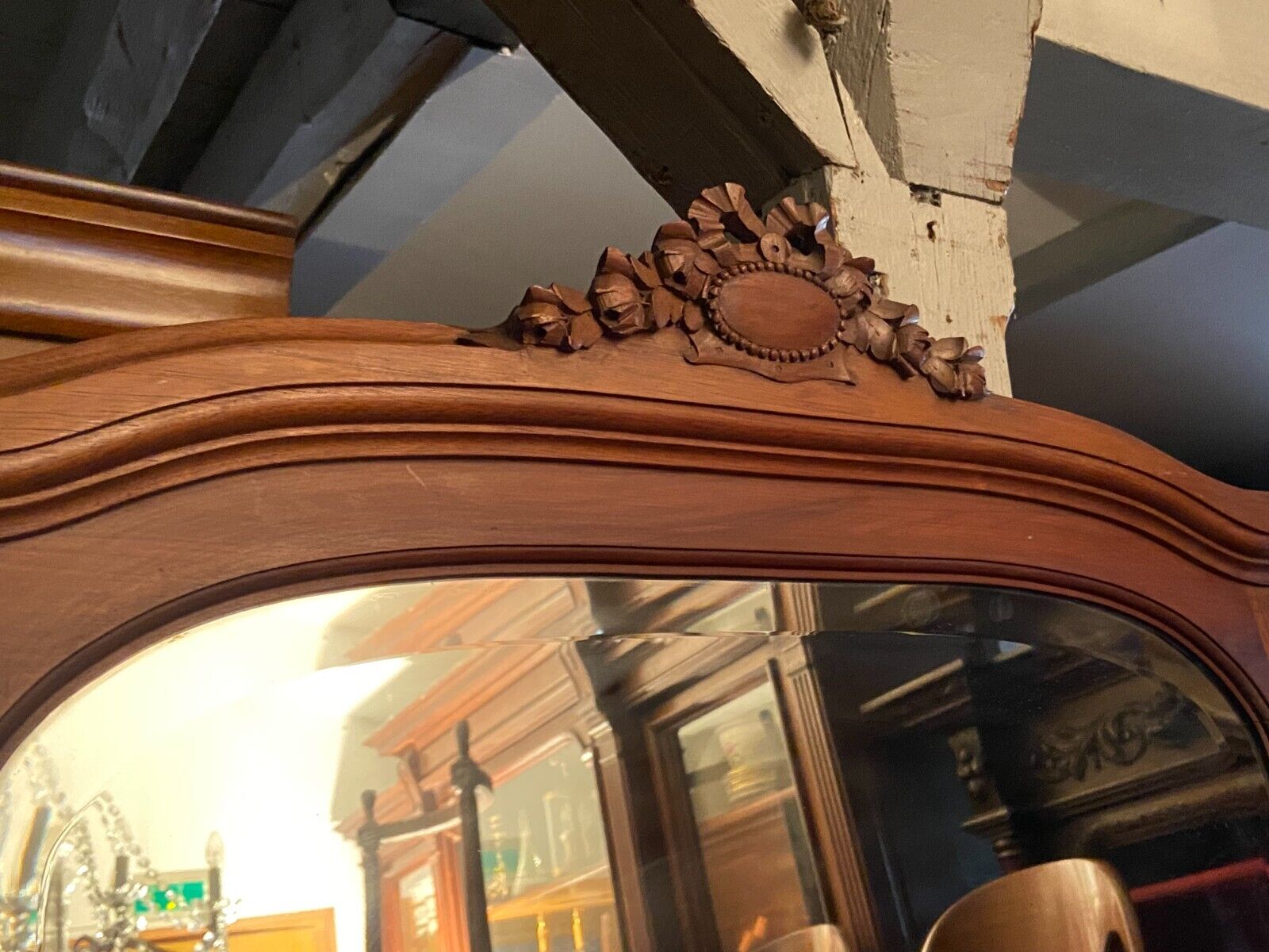 Beveled mirror trumeau fireplace glass in solid walnut Louis XVI style