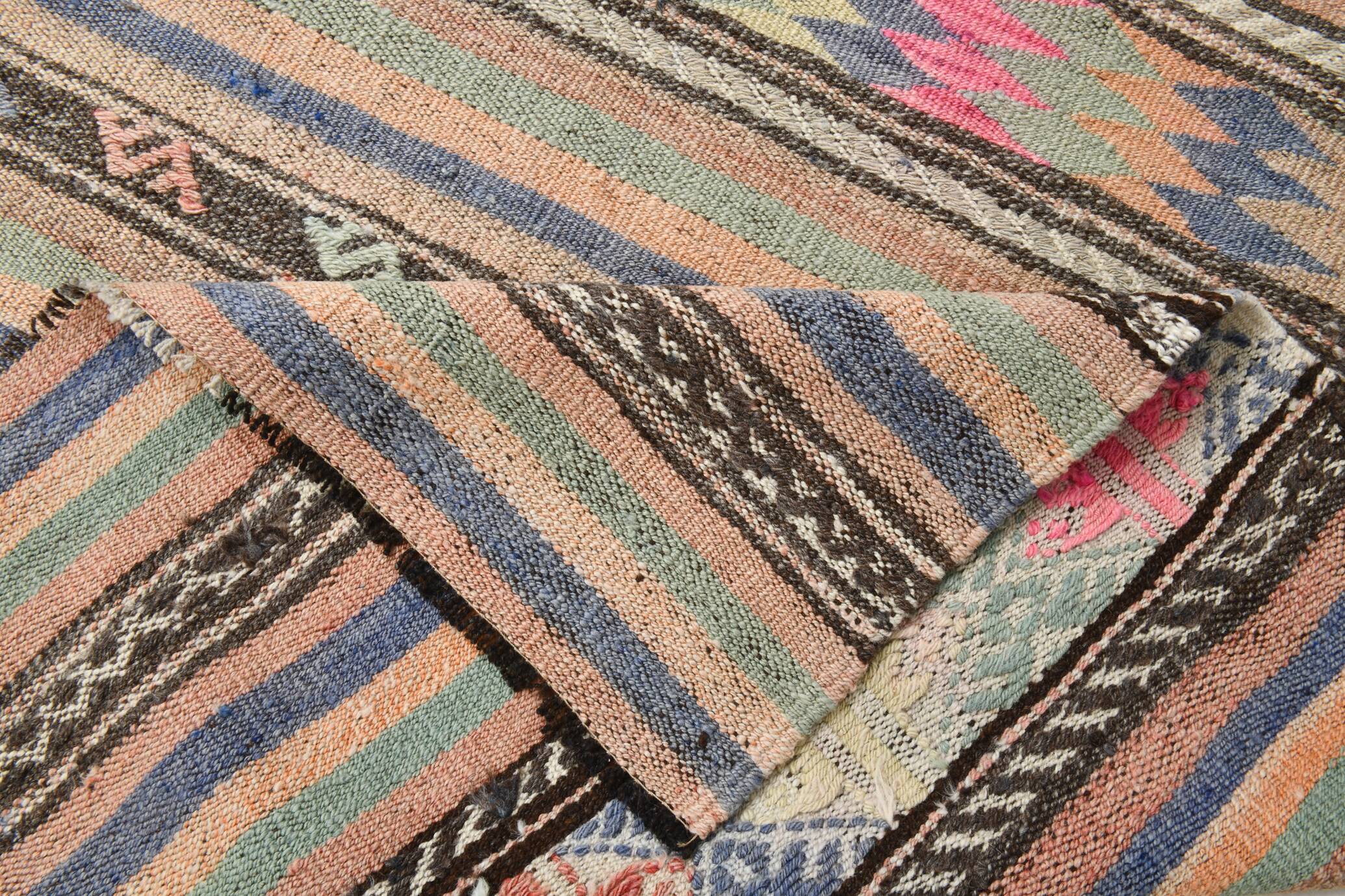 6x8 Green & Blue Striped Handmade Kilim Rug, 174x256Cm