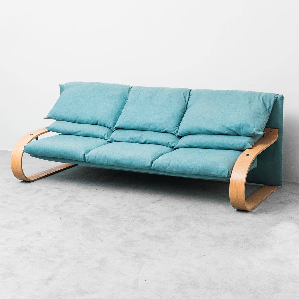 3-seater fabric sofa in Alvar Aalto style, bent wood, 1970s vintage modernism