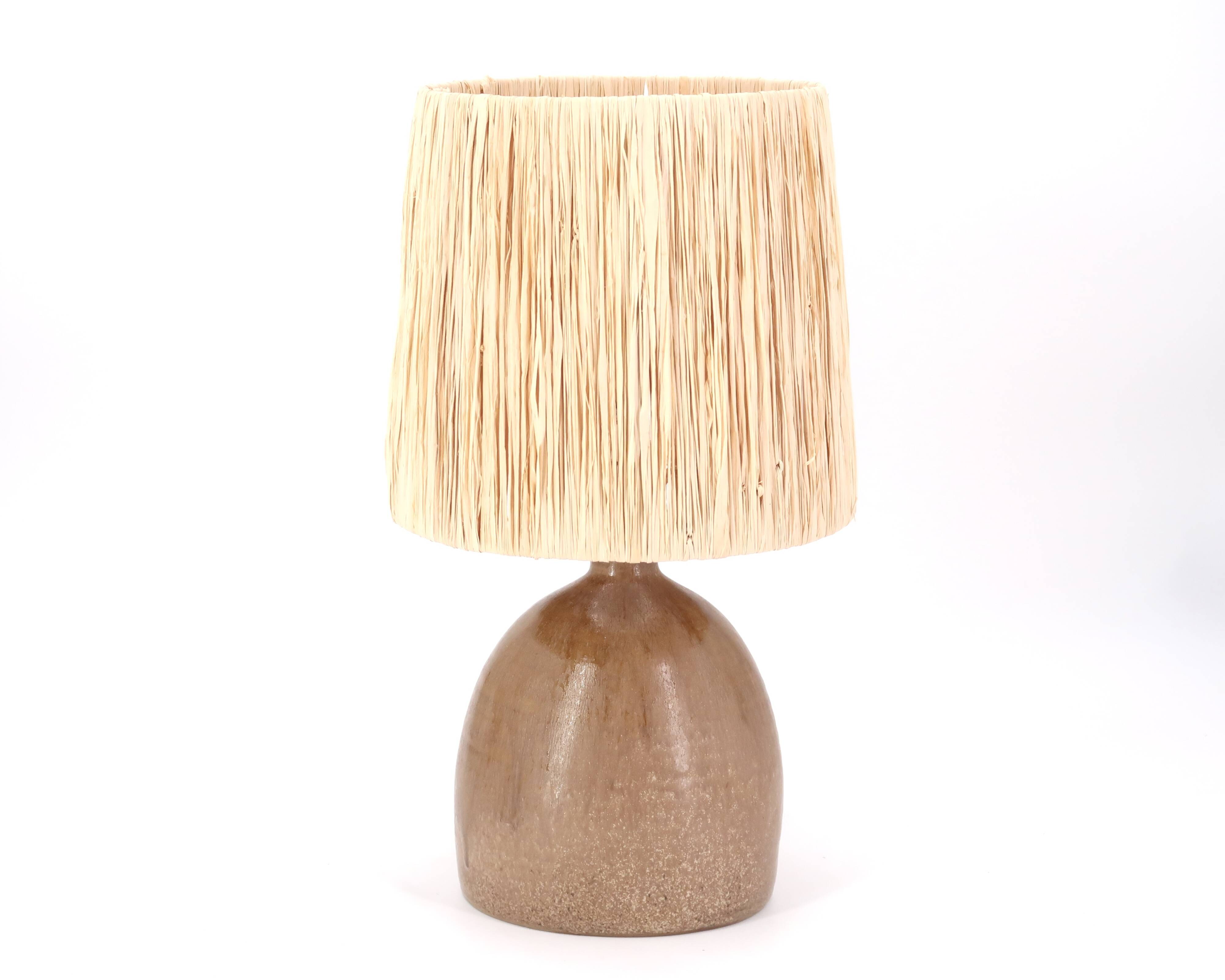 Handcrafted brown ceramic lamp, raffia lampshade, 70s