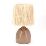 Handcrafted brown ceramic lamp, raffia lampshade, 70s