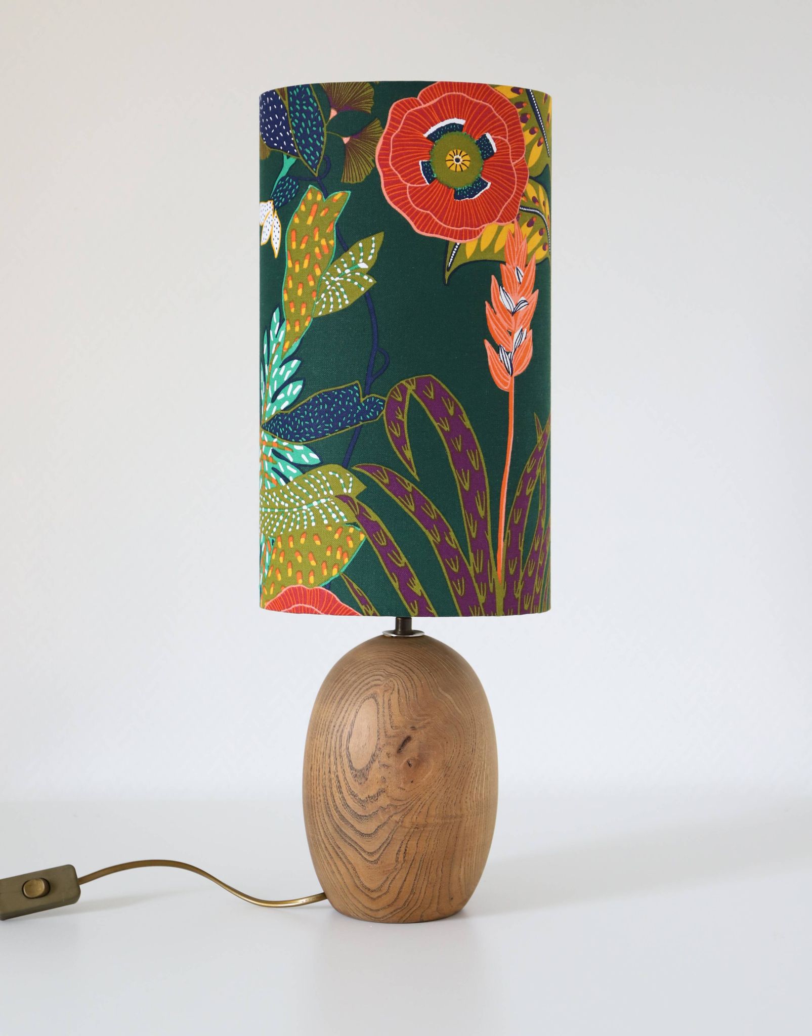 Table lamp, Mid-Century carved wood base, and Jungle Floral lampshade