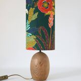 Lampe à poser, pied Bois sculpté Mid-Century,  et Abat-jour Jungle Florale