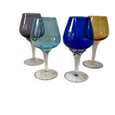 4 multicolored glasses in vintage harlequin colored glass
