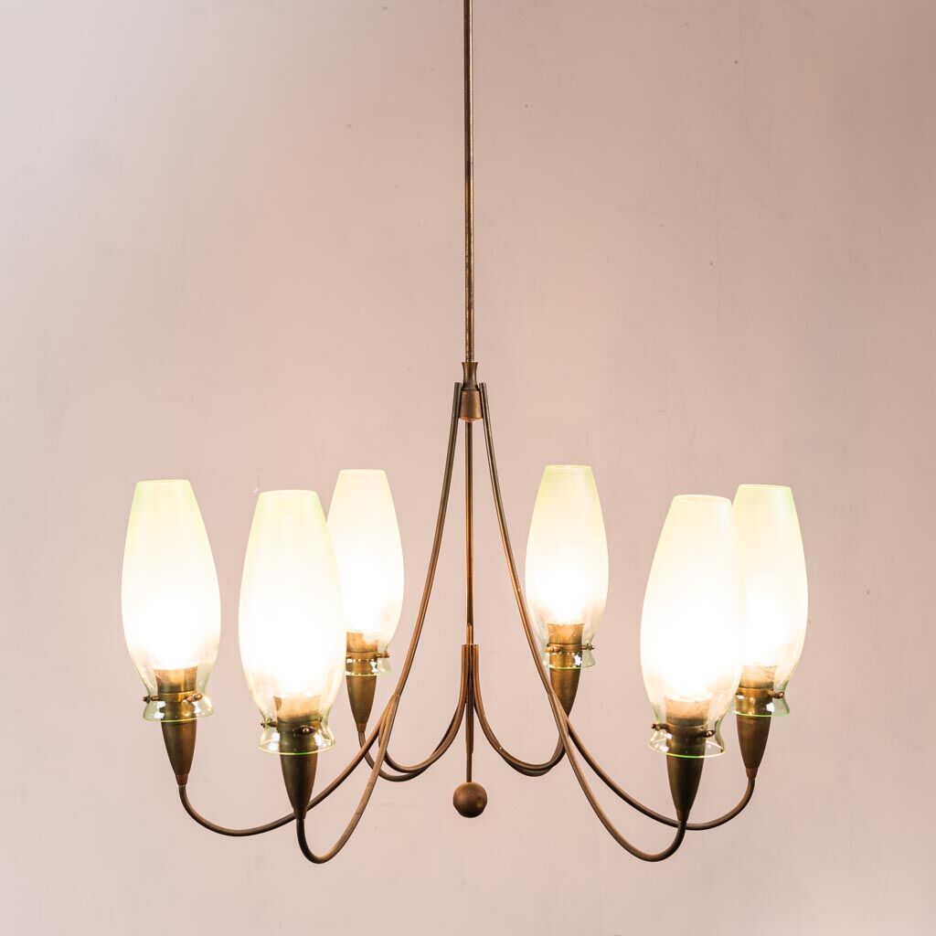 Vintage 1950s modern antique 6-light brass chandelier