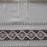 Drap de mariés ancien en fil de lin Blanc Monogramme MN