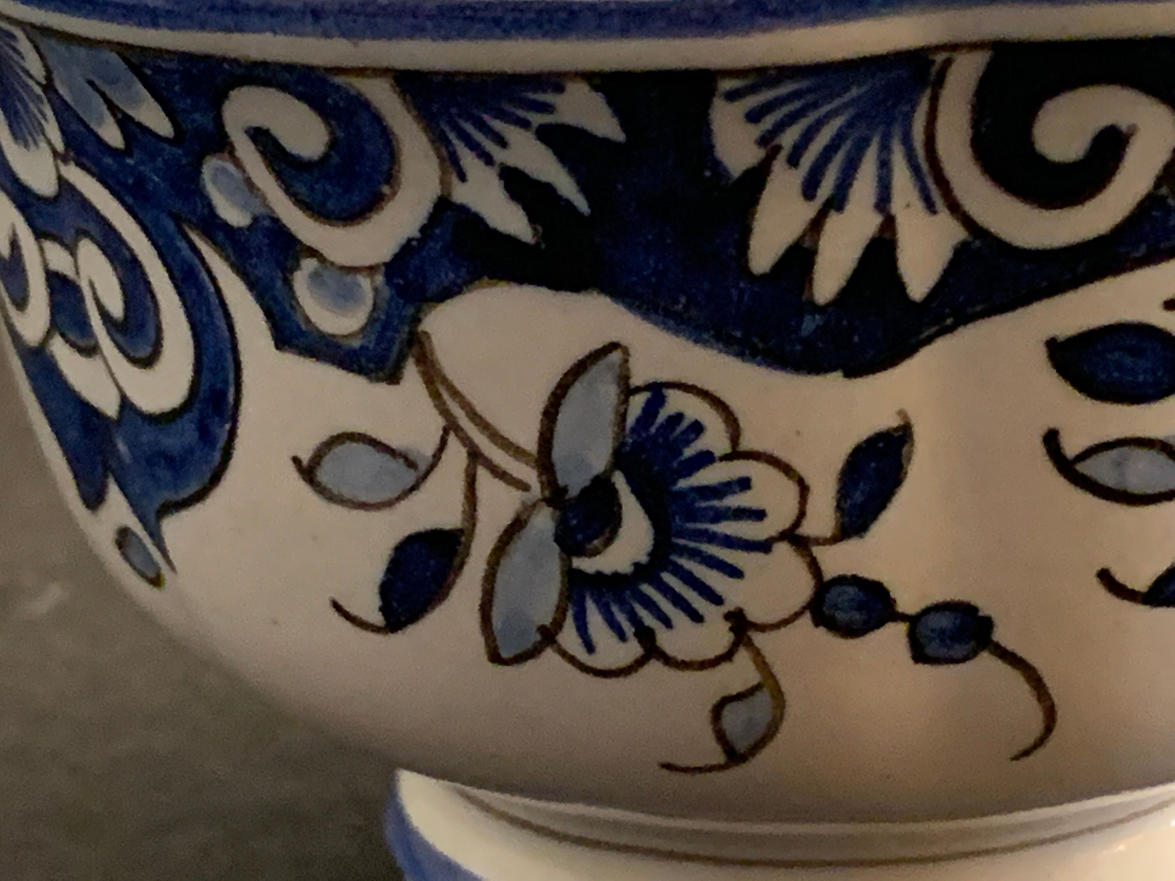 Old mustache cup and its under cup, Rouen earthenware