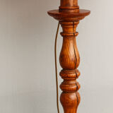 Carved wooden lamp, fiber shade