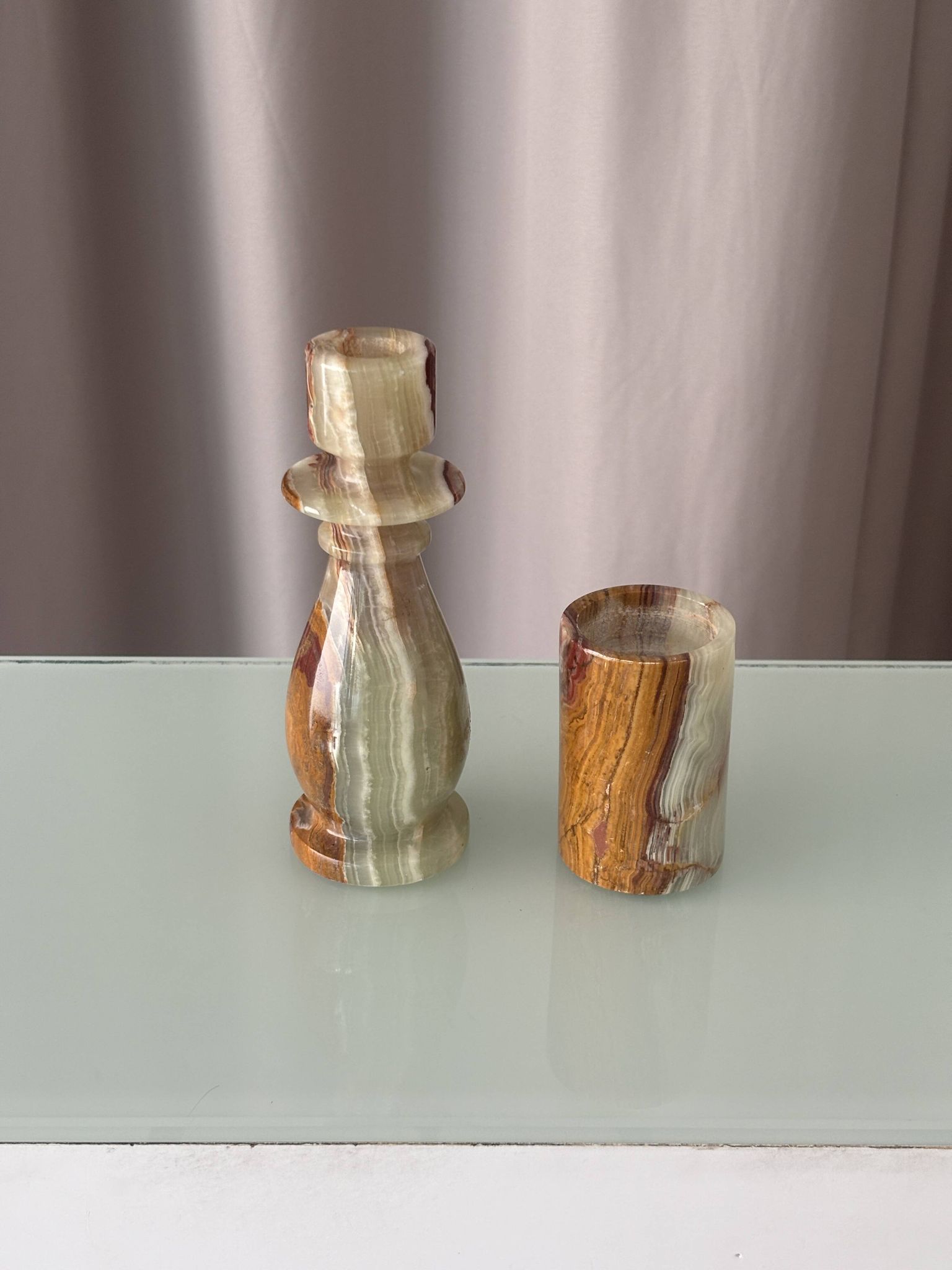 Vintage Hand-Carved Green Onyx Candlestick & Tea Light Holder Set